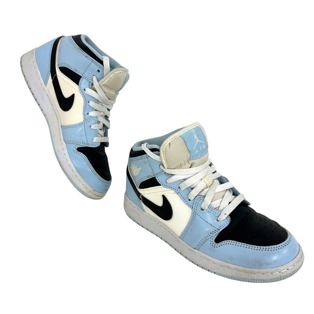 Nike Kids Air Jordan 1 Mid Line Shoes 5.5Y Grade School Basketball Ice Blue Logo